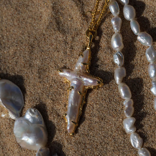 The Tethys Baroque Pearl Cross with Roman Chain